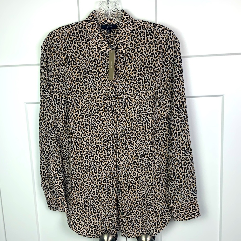 NWT J. Crew Silk button-up shirt leopard print Size 0 XS Long Sleeve Mobwife